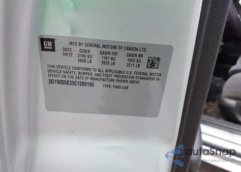 2012 Chevrolet Impala Police z USA, uszkodzony, nr VIN 2G1WD5E33C1289195